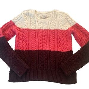 Ann Taylor Loft Sweater Wool Blend Color Block Sz M Chunky Cable Knit Pink Brown